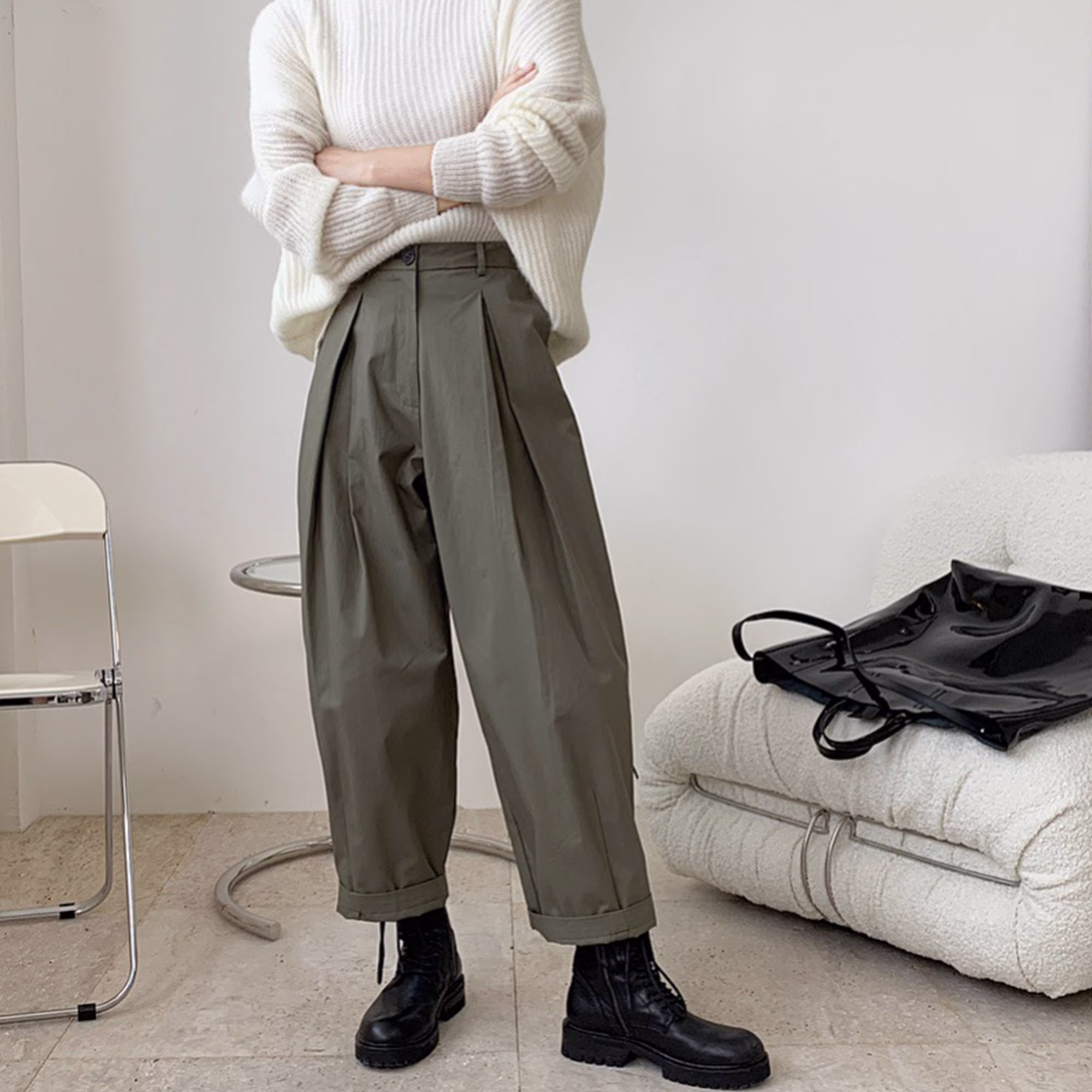 Wide Leg Cotton Pants Wide Culottes Trousers Olive Pleated Loose Fit