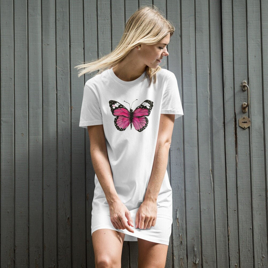 Butterfly T-Shirt Dress, Trendy Summer Organic Cotton Bottom With Painting, Above The Knee Oversized