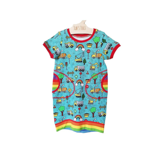 Organic Cotton Trucks Dress, Baby To 10 Years, Rainbow Toddler Unisex Kids Clothes, Stripes, Construction Site Dress