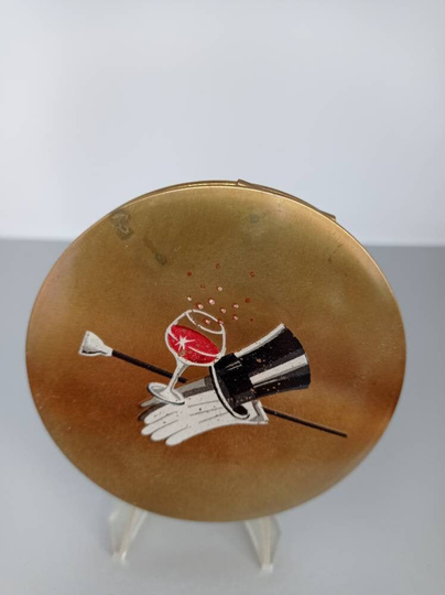 Night On The Town Powder Compact Mirror C1950S. By Stratton Of England. Top Hat, Wine , Cane & White Gloves