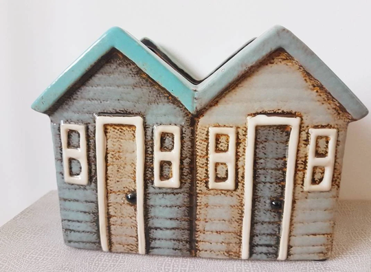 Beach Hut Planter By Village Pottery Blue Grey Novelty Plant Pot Gift 15cm Tall Free UK Postage