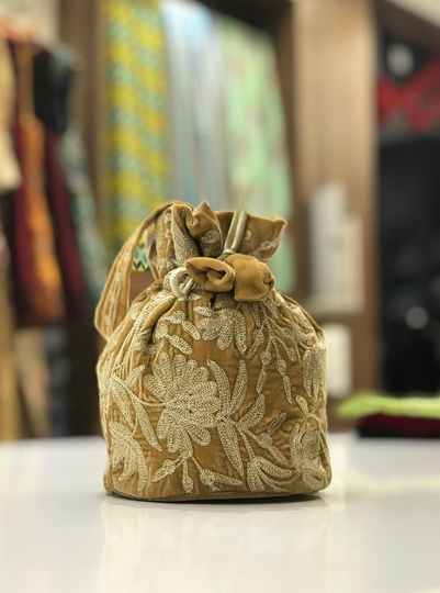 Gold Velvet Zari Embroidered Potli Bag, Wedding Favor Bags, Gift Vintage Style Hand Women Fashion Bag