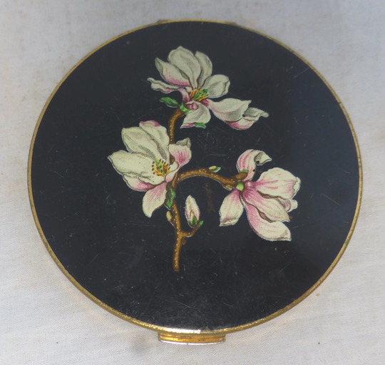 stratton Vintage White Pink Magnolia Flowers English Powder Compact/Make-Up Mirror - Gold Metal & Black Enamel Pat 764125 Retro Gift