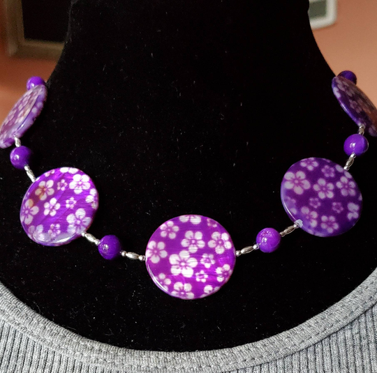 Floral Purple Shell Necklace, Hibiscus Flower Mother Of Pearl, Island Inspired Necklace