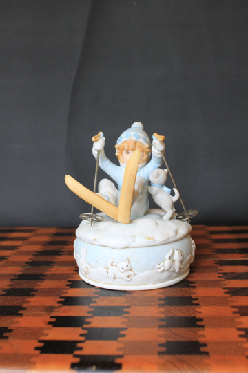 Enesco Winter Wonderland Music Box For Vintage Seasonal Mantel Decor. Little Boy Skiing Trip With Cute Kitten. Gift Grandchild