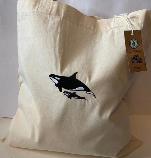 Orca Whale Embroidered Organic Cotton Tote Bag, Shopping Market Gift, Christmas, Present, Canvas Tote, Sea Creatures, No Plastic