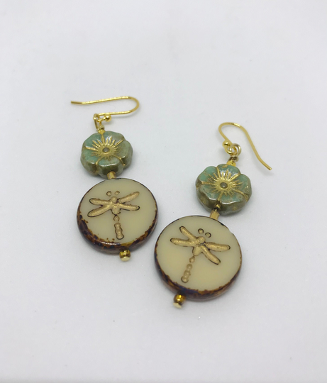Cream & Brown Czech Glass Dragonfly & Turquoise Gold Hibiscus Bead Earrings By The Elven Cat, Gold Plated Ear Wires