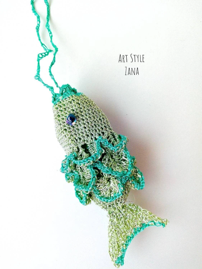 Turquoise Crochet Pouch Necklace, Crystals Medicine Bag Crystals, Fish Stone Holder