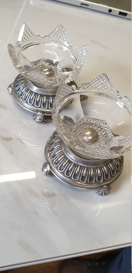 Antique Ehrengerg Silver Plate & Crystal Glass Top Pair Of Table Salts