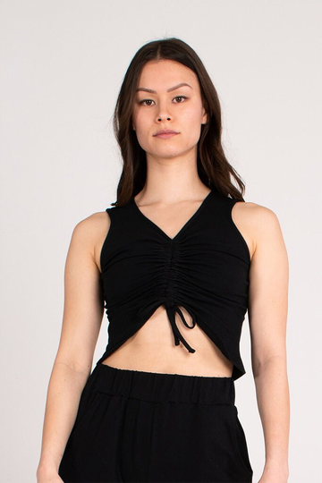Organic Ruched Crop Top With Racer Front - Black