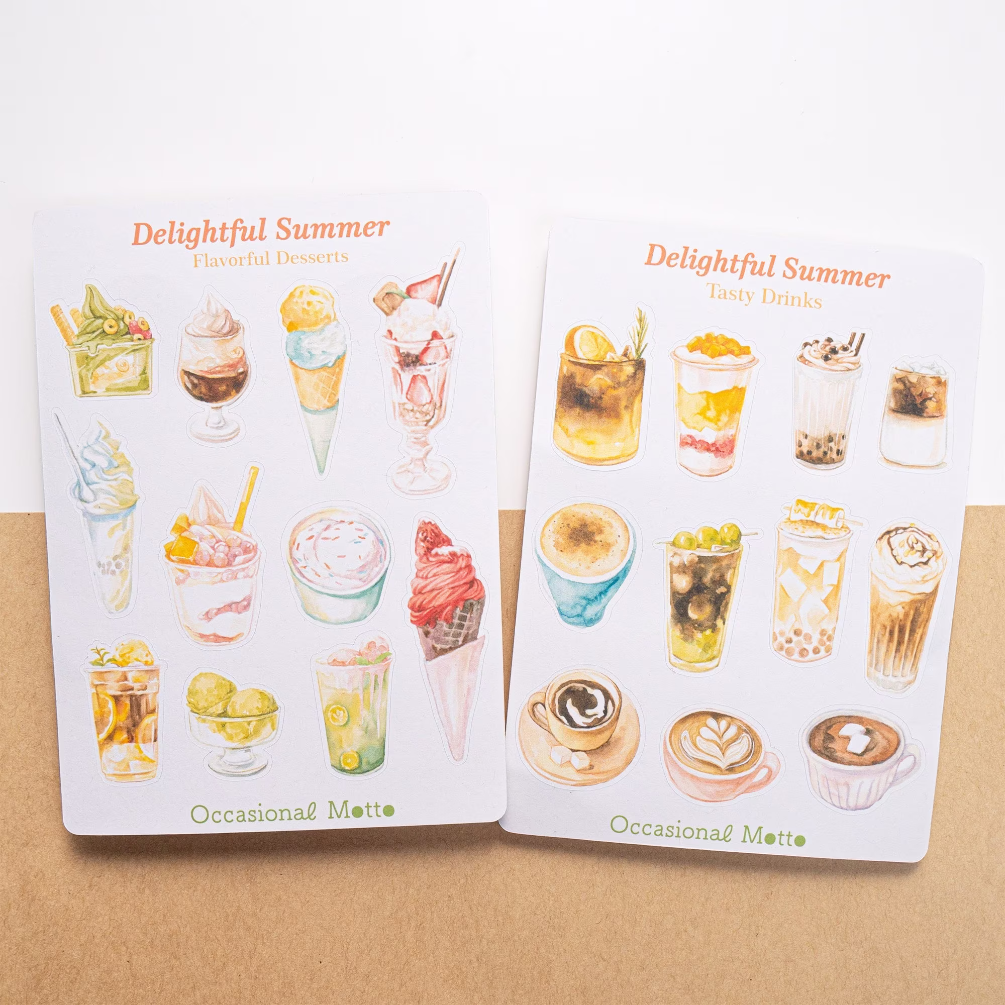 Set Of 2 Delightful Summer Watercolor Sticker Sheets | Tasty Drinks & Flavorful Desserts Journal Stickers Om Collection