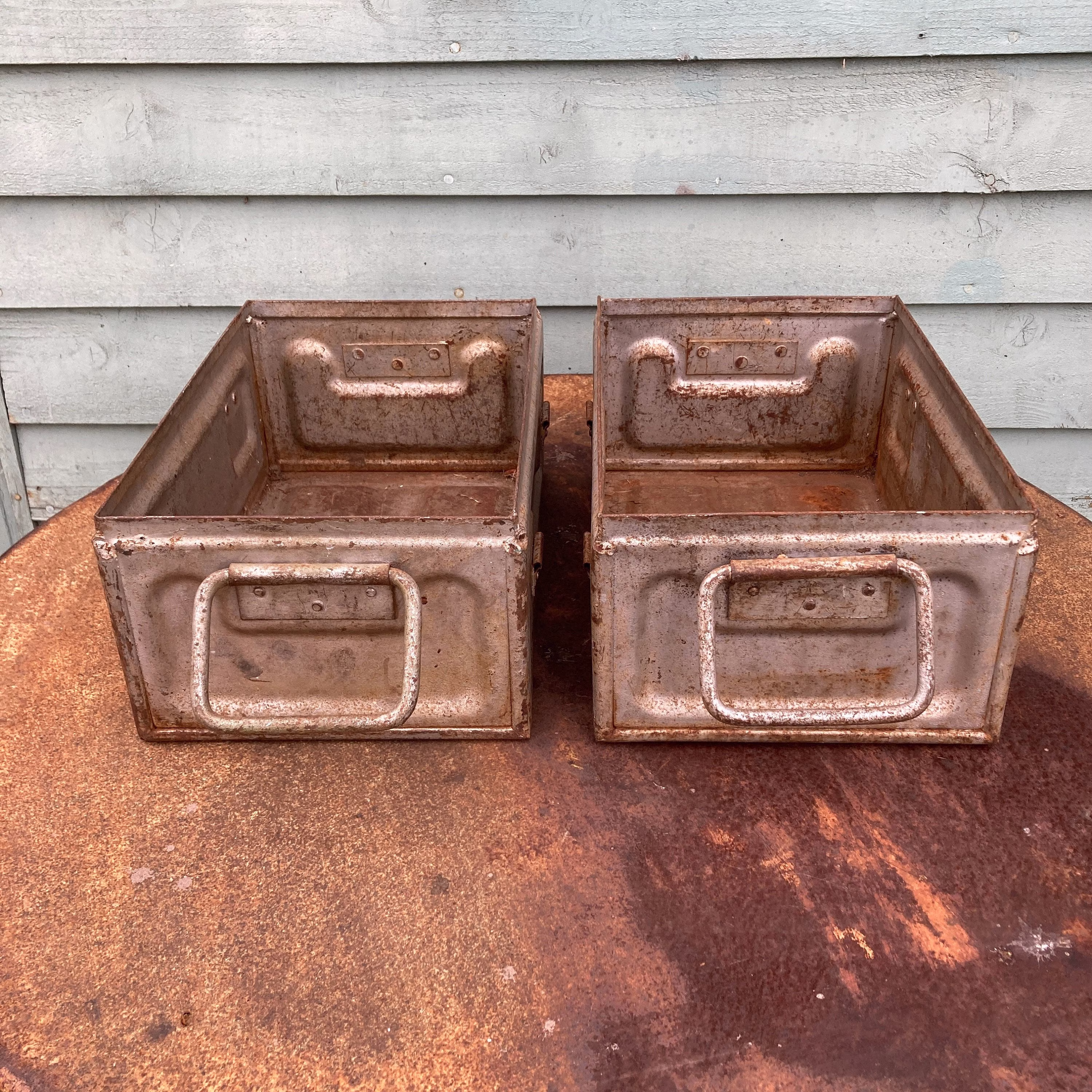 Two Industrial Container Boxes, Solid Heavy Metal, Hints Of Rust Which Adds To The Charm, One For All Industrial Style Lovers