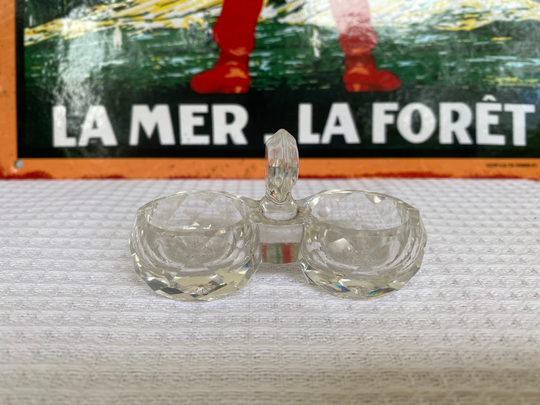 French Vintage Art Deco Clear Pressed Glass Salt & Pepper Condiment Table Set
