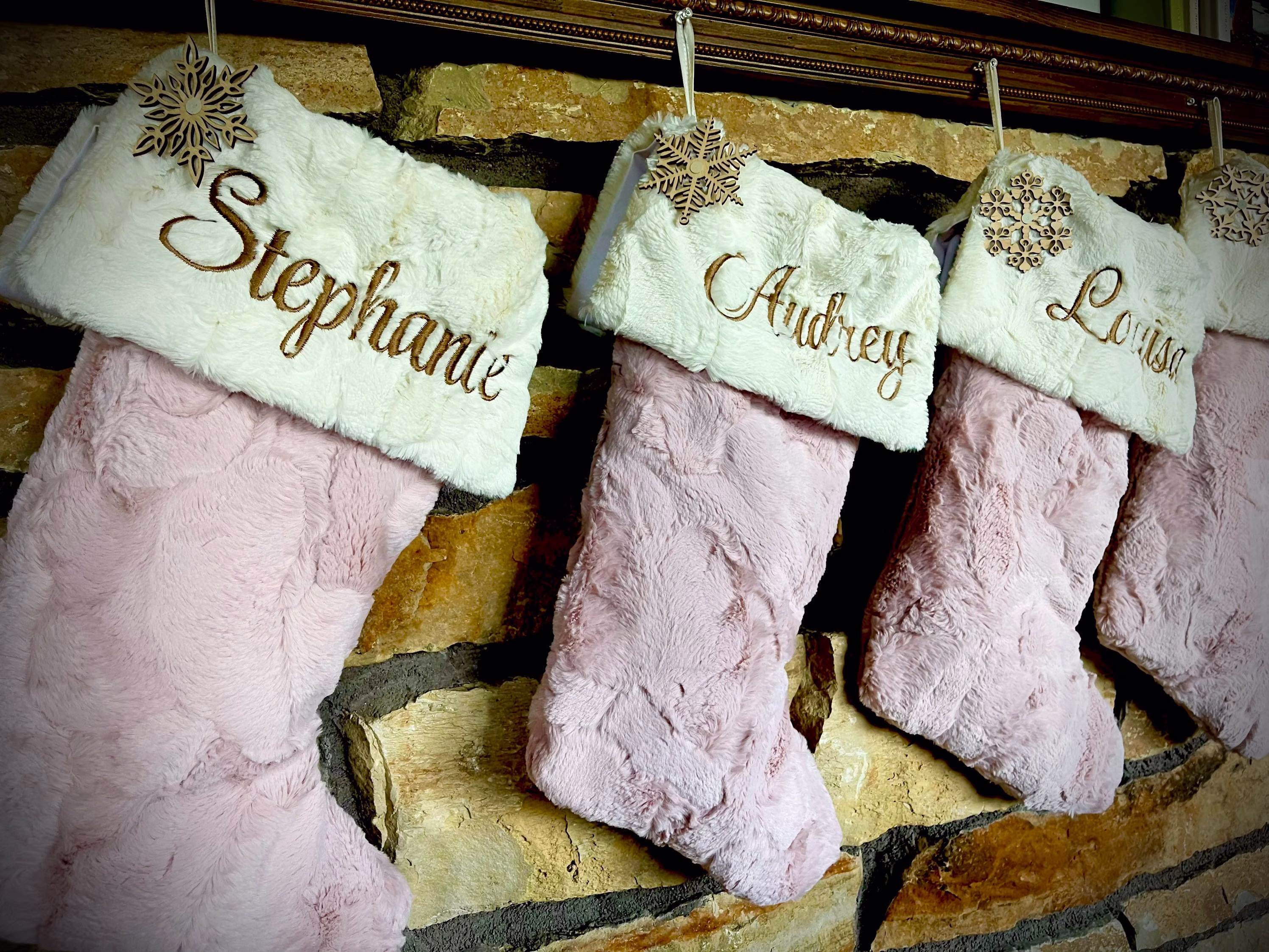 Powder Pink & Ivory Fur Personalized Christmas Stockings. Soft Sock With Cuffs. Includes Wooden Snowflake Ornament