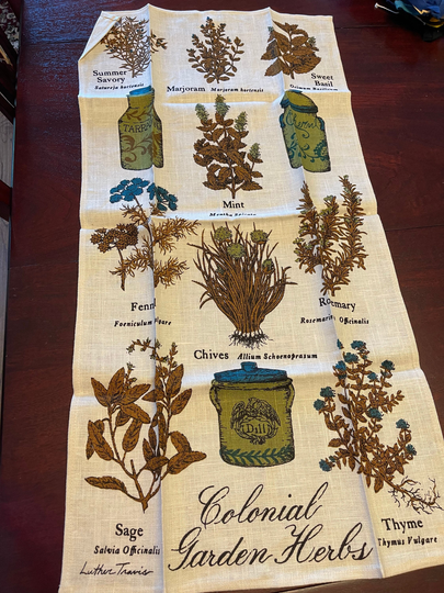 Vintage Fallani & Cohn Kitchen Tea Towel-Linen-Colonial Garden Herbs-Mid Century-Retro Kitchen-Spices-Mint-Marjoram-Thyme-Luther Travis
