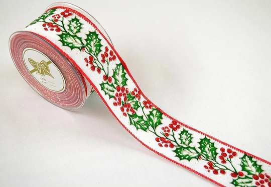 Mistletoe Leaves With Red Buds On Branches, Printed Wired White Green Ribbon, Winter Nature Theme, Seasonal Holiday Decoration