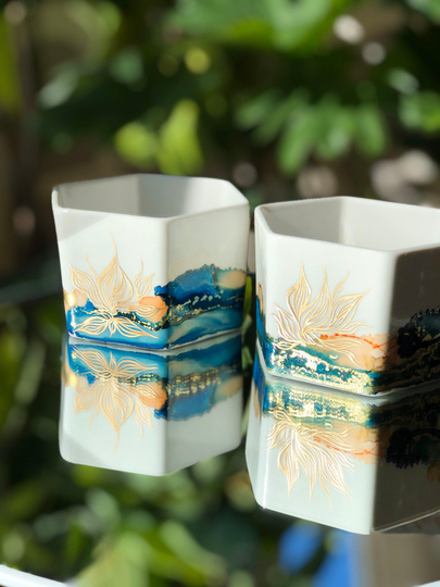 Hexagon Succulent Planter, Plant Pot, Alcohol Ink, Gold Embellished, Hand Painted, One Of A Kind Custom Order, Valentine's Gift, Lover