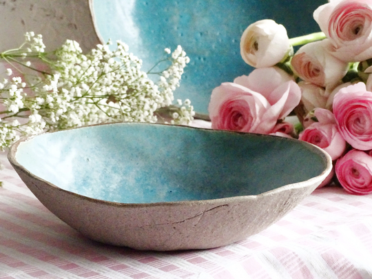 Organic Turquoise Ceramic Bowl Large Stoneware Rustic Pottery Minimalist Fruit Serving Dish Modern Dinnerware