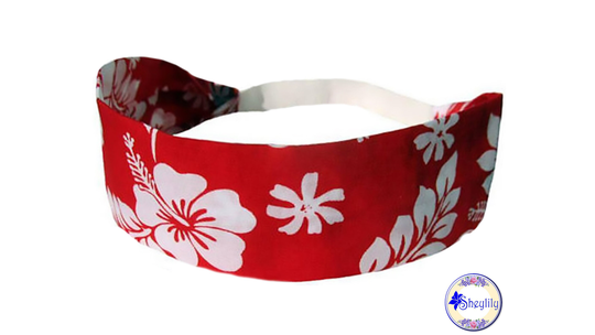 Tropical Headband For Women, Red & White Hawaiian Hibiscus Flower Print Fabric, Bandana, 2 Inch Wide Top With Elastic Back, By Sheylily