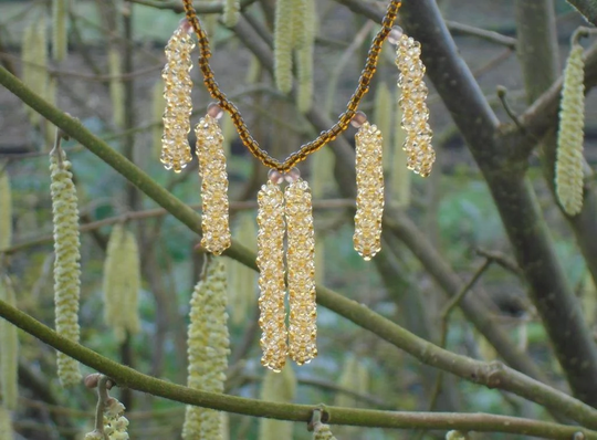Hazel Catkins Necklace, Czech Seed Bead in Yellow, Champagne, Topaz & Bronze Seed Beads, UK Seller