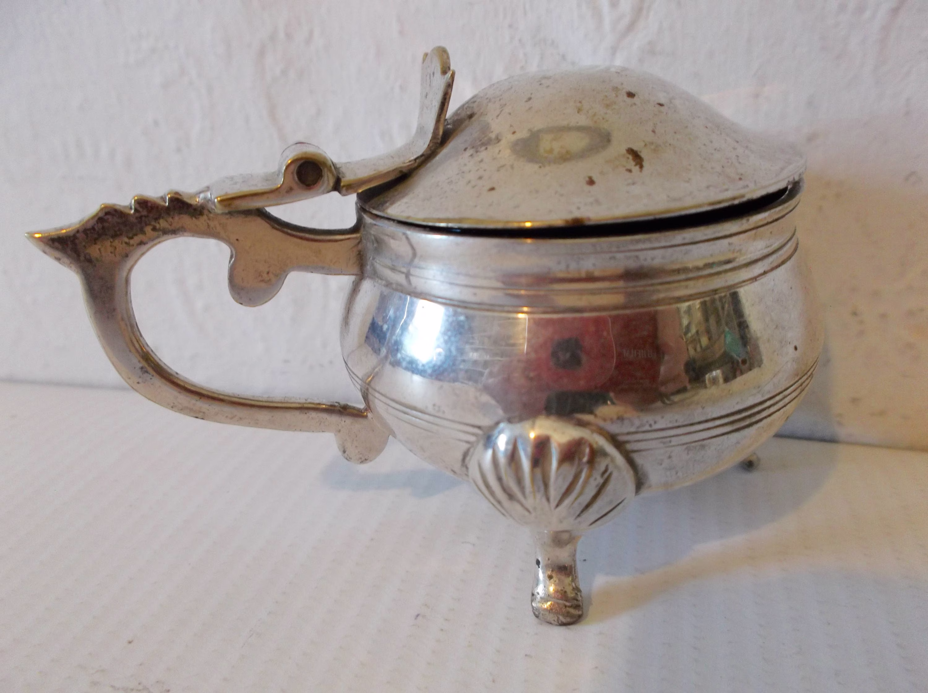 Antique English Silver Plated Lidded Salt Cellar With Blue Glass Pot Shell Leg Three Footed