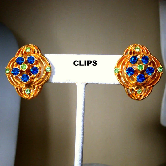 Rhinestone Clip Earrings, Cobalt & Powder Blue Glass Stones in Goldtone Setting, Immaculate, Gift Worthy, Hollywood Style Glam