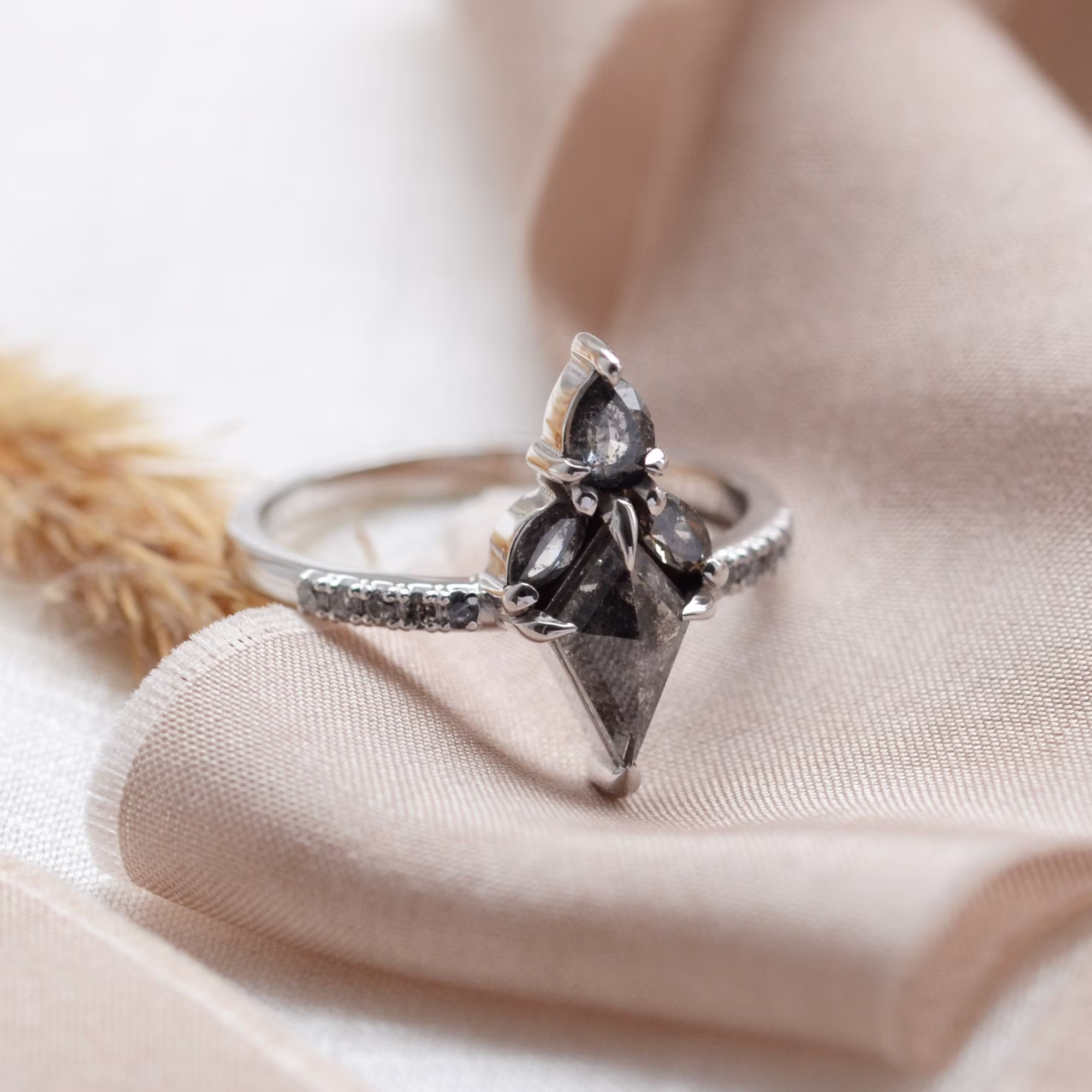 Floral Diamond Engagement Ring, Marquise Crown Salt & Pepper Natural Ring