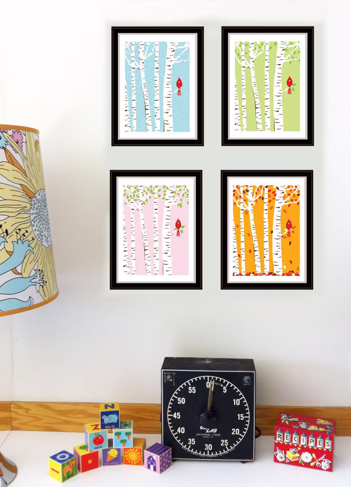 4 Seasons Cardinal Bird Art Prints Set Of Four - Birch Trees Print Wall Nursery Decor Seasonal