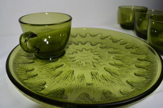Vintage Green Snack Plate Set, Plates With Cups, Glass