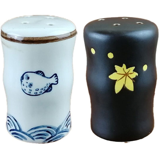 Fvbjd - Kitchen seasoning jar salt chili powder jar ceramic with hole pepper chicken powder bottle sprinkler (Blowfish) + (Maple Leaf)