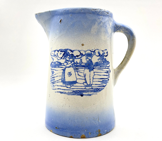 Vintage Salt Glaze Blue & White Stoneware Pitcher With Dutch Landscape