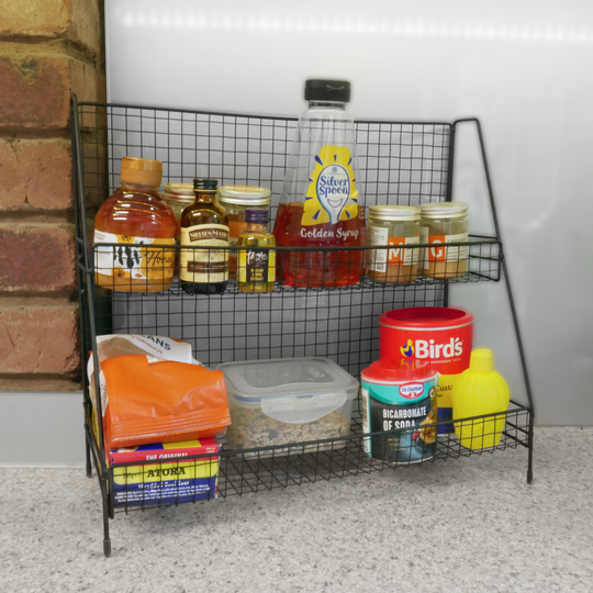 2 Tier Storage Basket Black Or White Stand Shelving Rack Metal Kitchen Organiser New