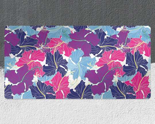Draw Hibiscus Desk Pad, Blue Protector, Purple Blotter, Floral Keyboard Mat, Office Decor, Mouse Decor
