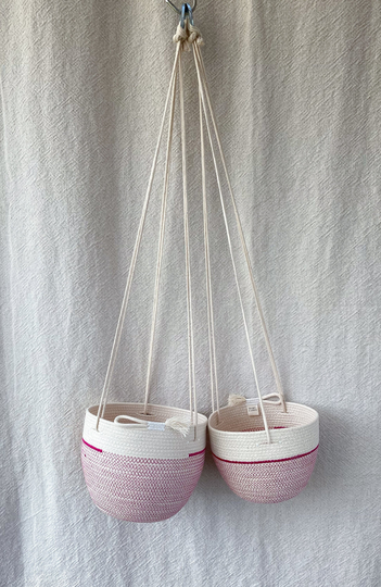 Handmade Rope Hanging Baskets - Pink Two Sizes Stitched With Unbleached Cotton & Organic Thread