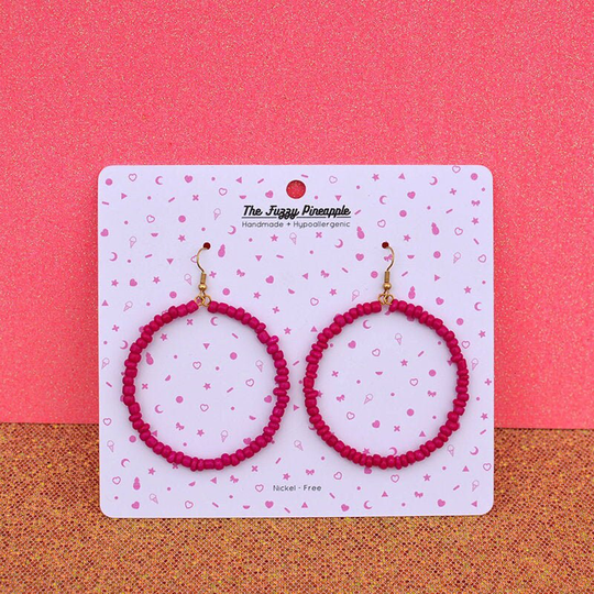 Magenta Seed Bead Hoop Earrings By The Fuzzy Pineapple Dangle Drop Bohemian Bright Dark Pink Boho Glass Beaded