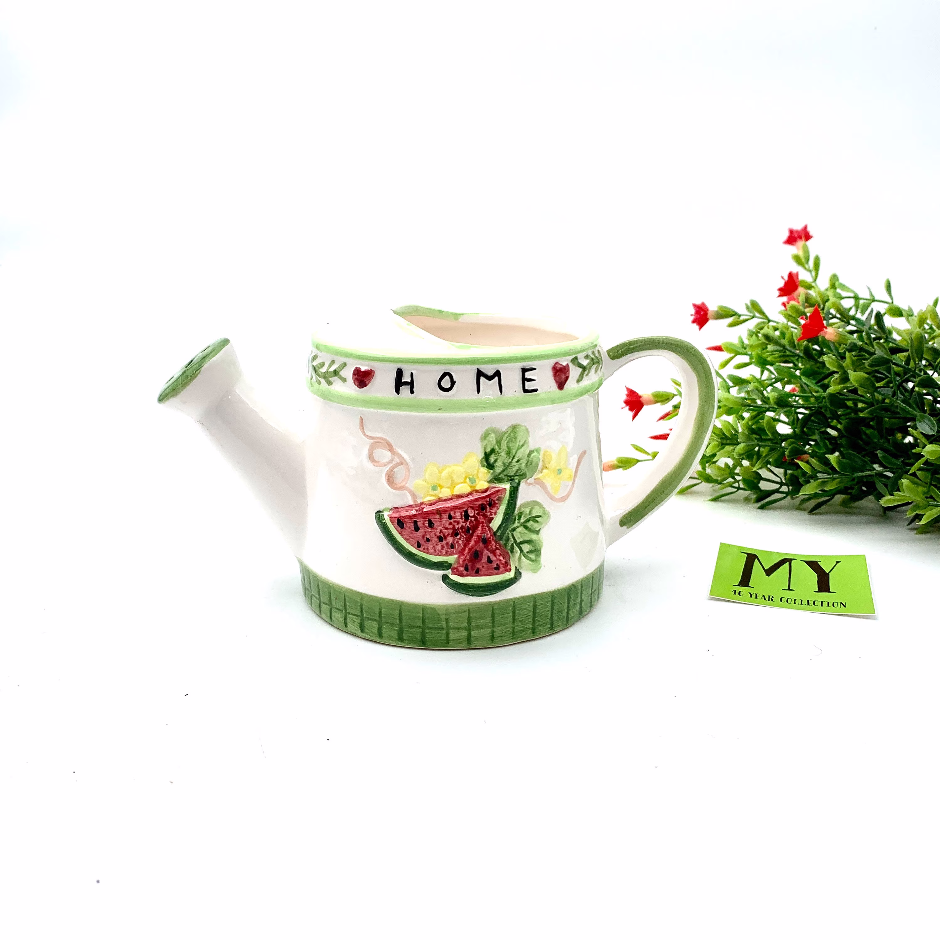 Vintage K's Collection Small White Ceramic Watering Can Planter Watermelon Pattern Home Bud Vase Housewarming Gift My40Yearcolleciton