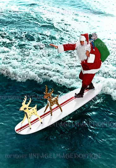 Fabulous 1950's Surfing Santa Claus Father Christmas With His Reindeer Season Winter Solstice Holiday 5x7 Greeting Card