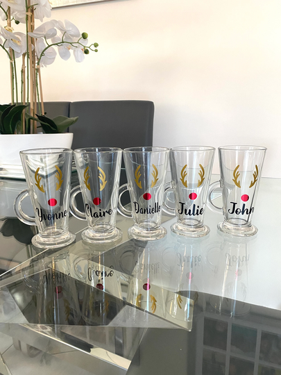 Personalised Hot Chocolate Mug, Reindeer Choc Glass Personalised Christmas Latte Mug