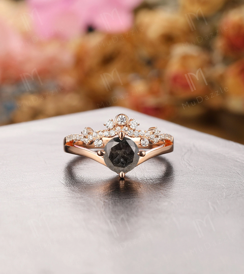 Dainty Round Cut Salt & Pepper Diamond Engagement Wedding Ring// Graduation Gift// & Ring 18K Rose Gold//Proposal