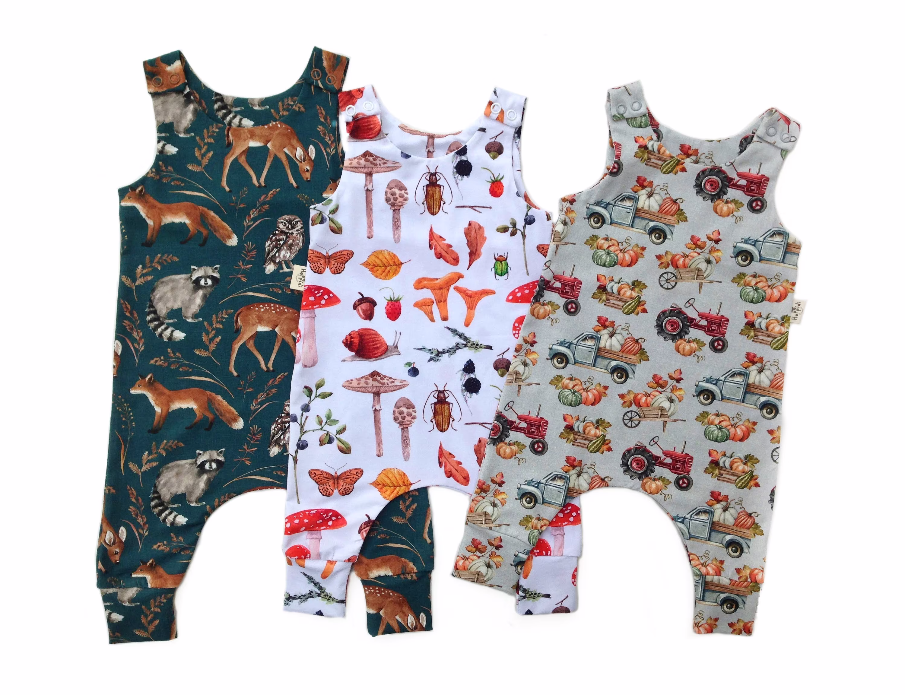 Autumn Theme Baby Romper, Organic Clothes, Woodland Toddler Harem Jumpsuit, Fall Kids Playsuit, Children's Tank Overall Dungarees