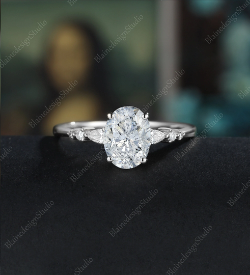 Vintage Oval Salt & Peppet Moissanite Engagement Ring Women White Gold Cluster Pear Shaped Diamond Wedding Prong Set Gift For Her