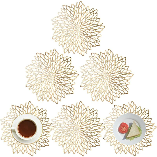 6Piece Placemats, Non-Slip Placemats and Coaster Set, Washable Placemats, Heat-Resistant Vinyl for Kitchen Living Room Garden Wedding, Gold