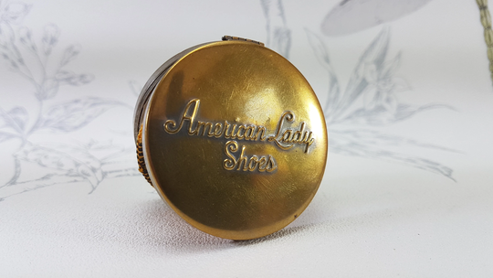 Art Deco Powder Compact, Vintage Advertising American Lady Shoes Compact Mirror With Swivel Sifter
