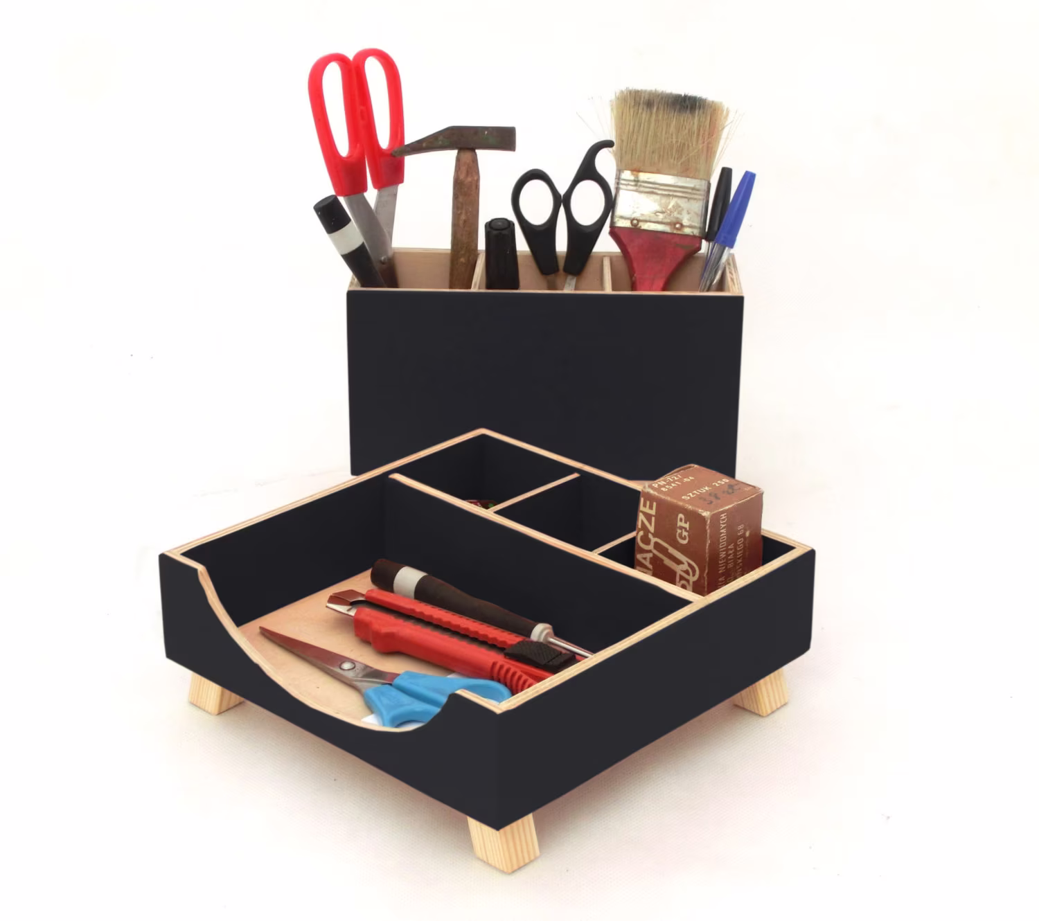 Wood Desk Organizer Black Acrylic Paint, Accessories, Desktop Set, Office Decor, Pen Holder
