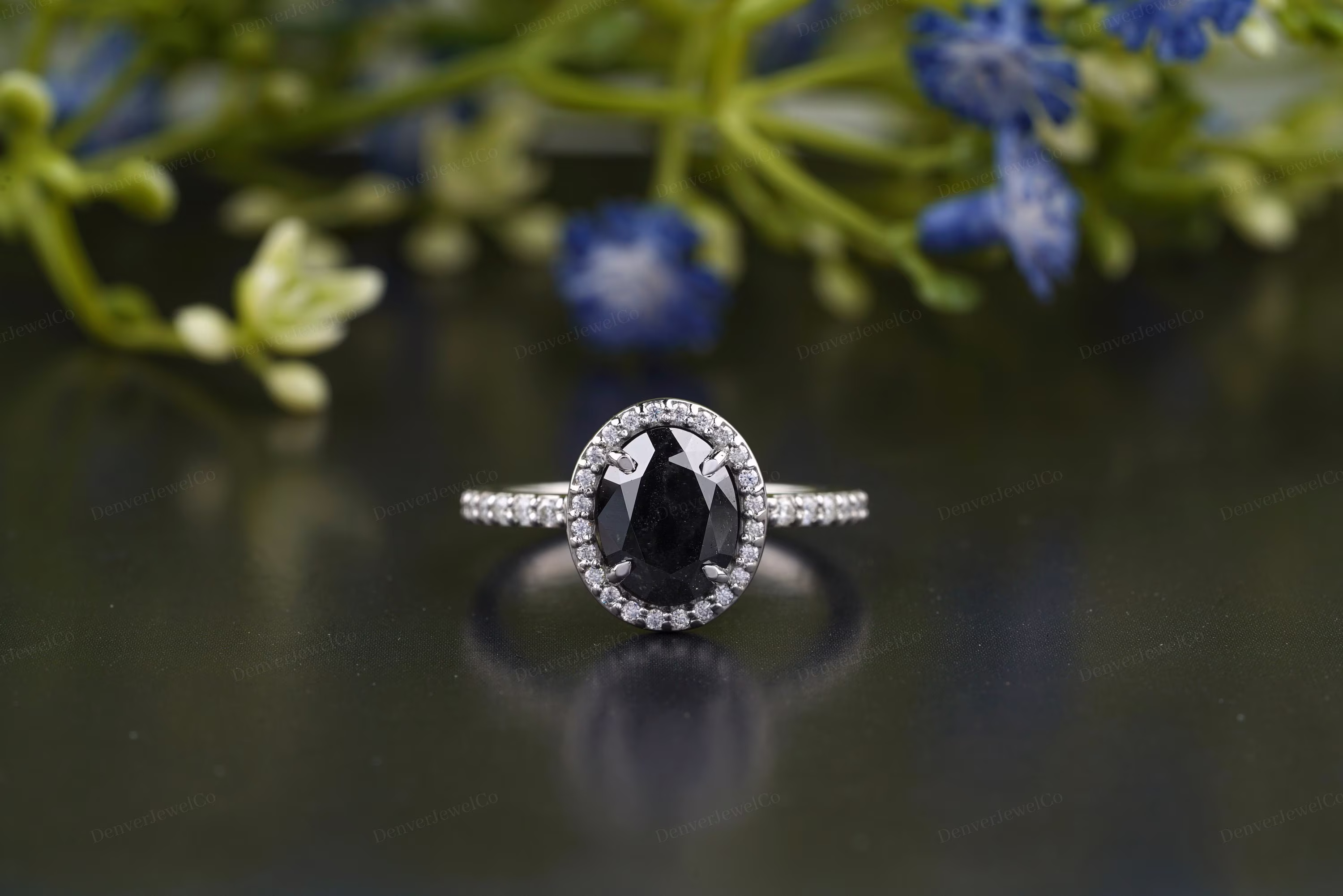 Oval Salt & Pepper Diamond Ring, Halo Moissanite Half Eternity Wedding Band Women, White Gold Engagement Anniversary Gift