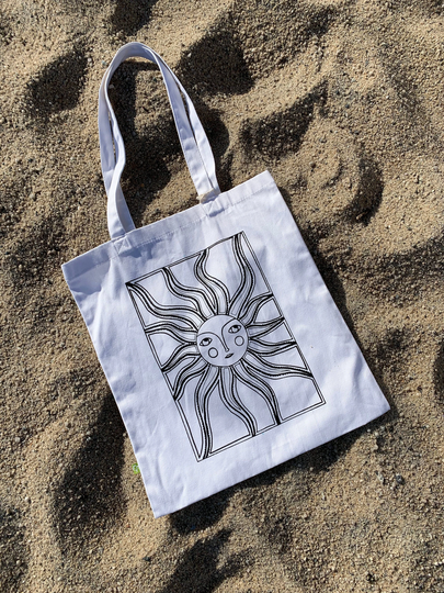 White Organic Cotton Tote Bag With Abstract Sun Design Hand Printed Black Ink