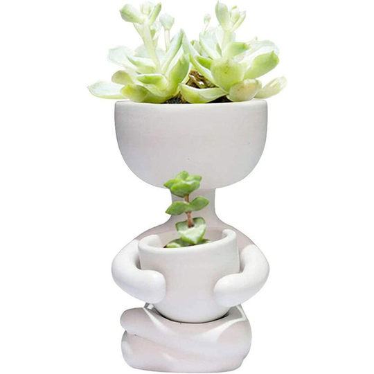 Humanoid Ceramic Flower Pot Creative Handicraft Ornament Succulent Pot Flower Arrangement Vase Birthday Gift (White)