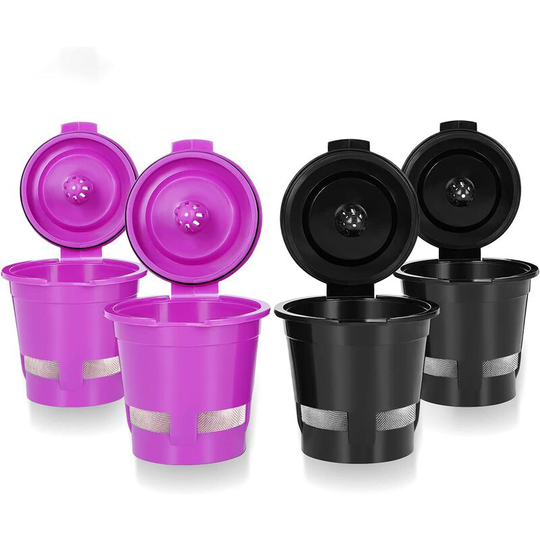 Perle Rare - Set of 4 Reusable Mesh Coffee Cups for Keurig 1.0 Brewer, Universal Single Use Refillable Coffee Filters, Black and Purple