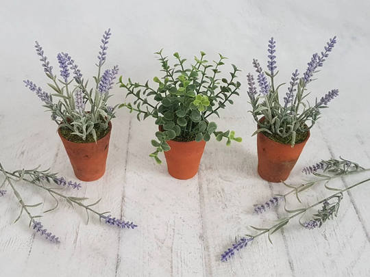 Set 3 Artificial Plants in Old Terracotta Pots Faux Lavender Green Sage Grey Small Vintage Indoor Planter Plant Trio Gifts For Her