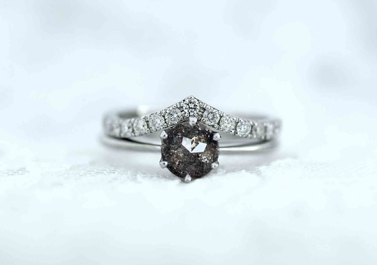 Natural Round Salt & Pepper Diamond Engagement Ring Wedding Band Set | Dainty in White Gold Curved